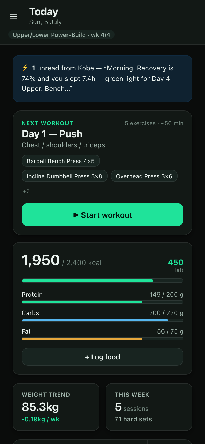 Cadence Health on iPhone — today's workout and calories