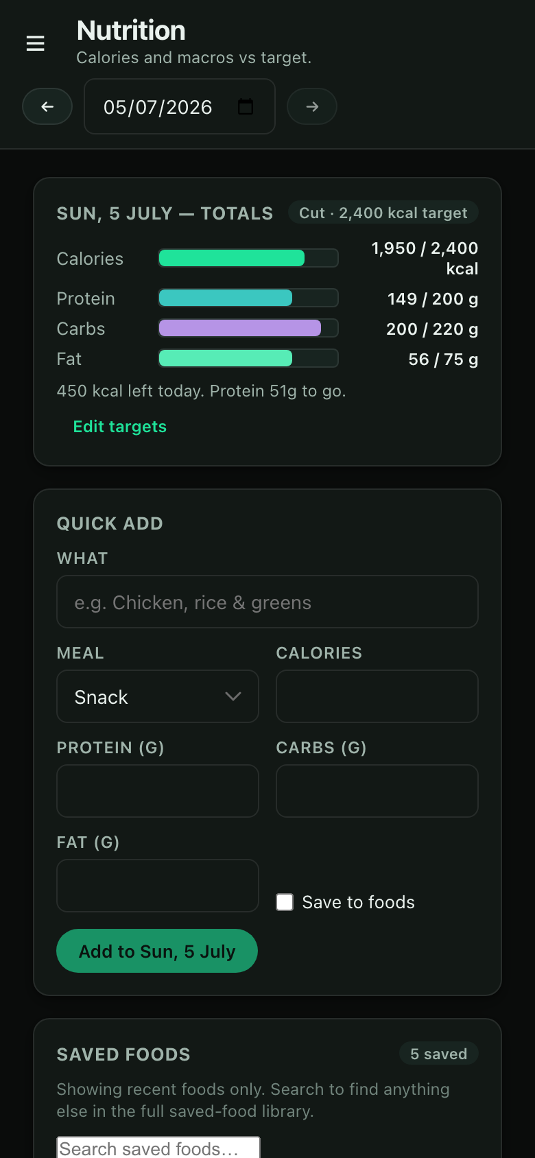 Cadence Health nutrition — calories and macros against target