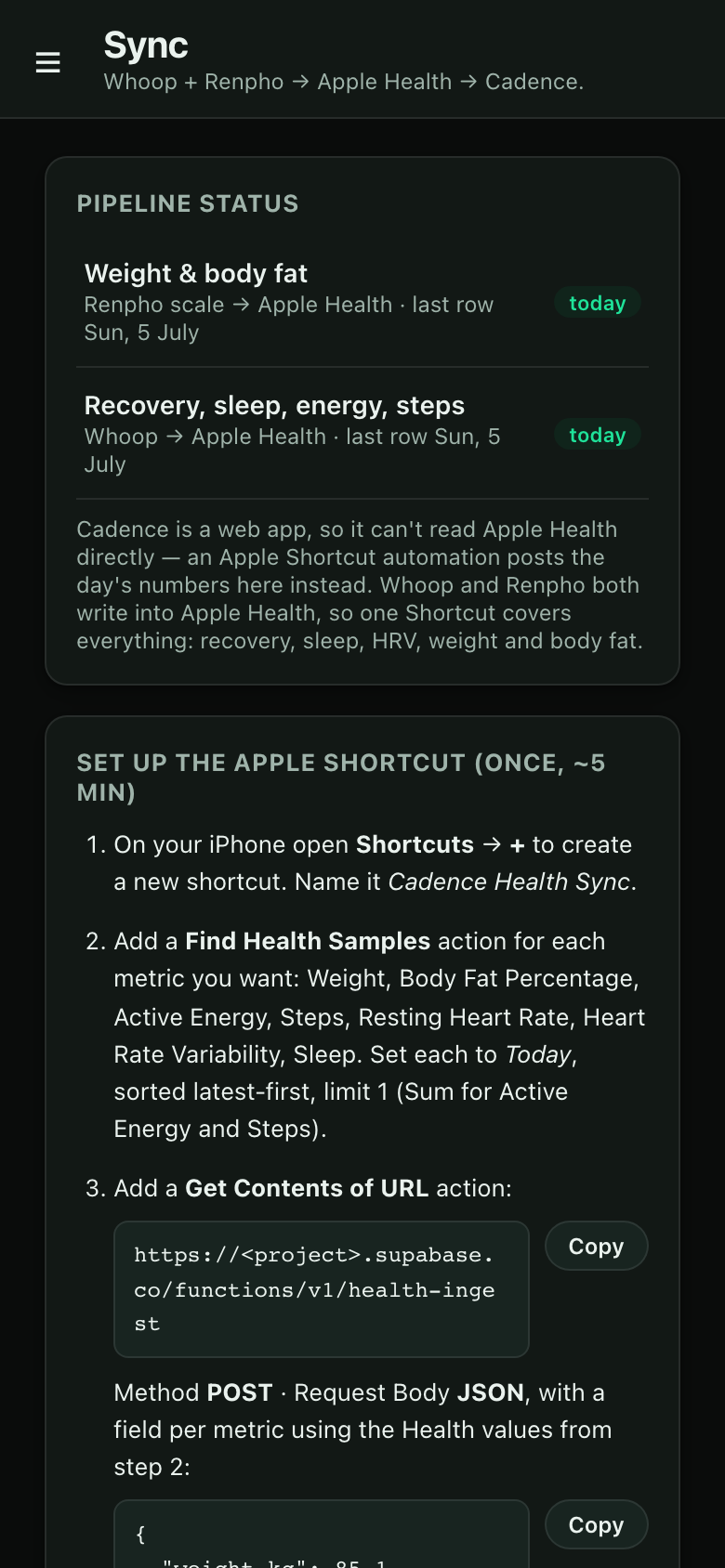 Sync — Whoop history import and Apple Health shortcut setup
