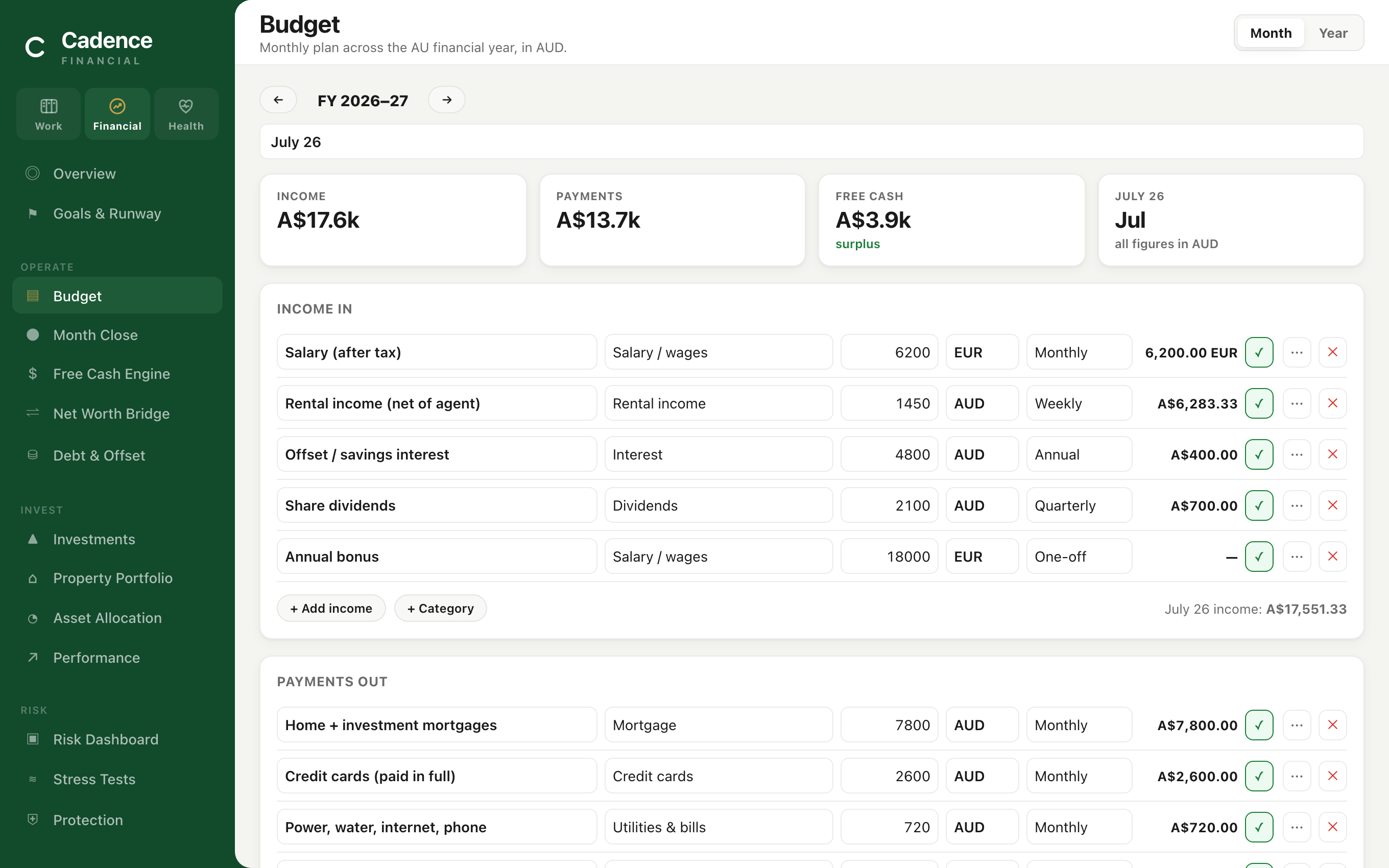 Budget — per-month plan across the financial year, multi-currency with your own FX rates