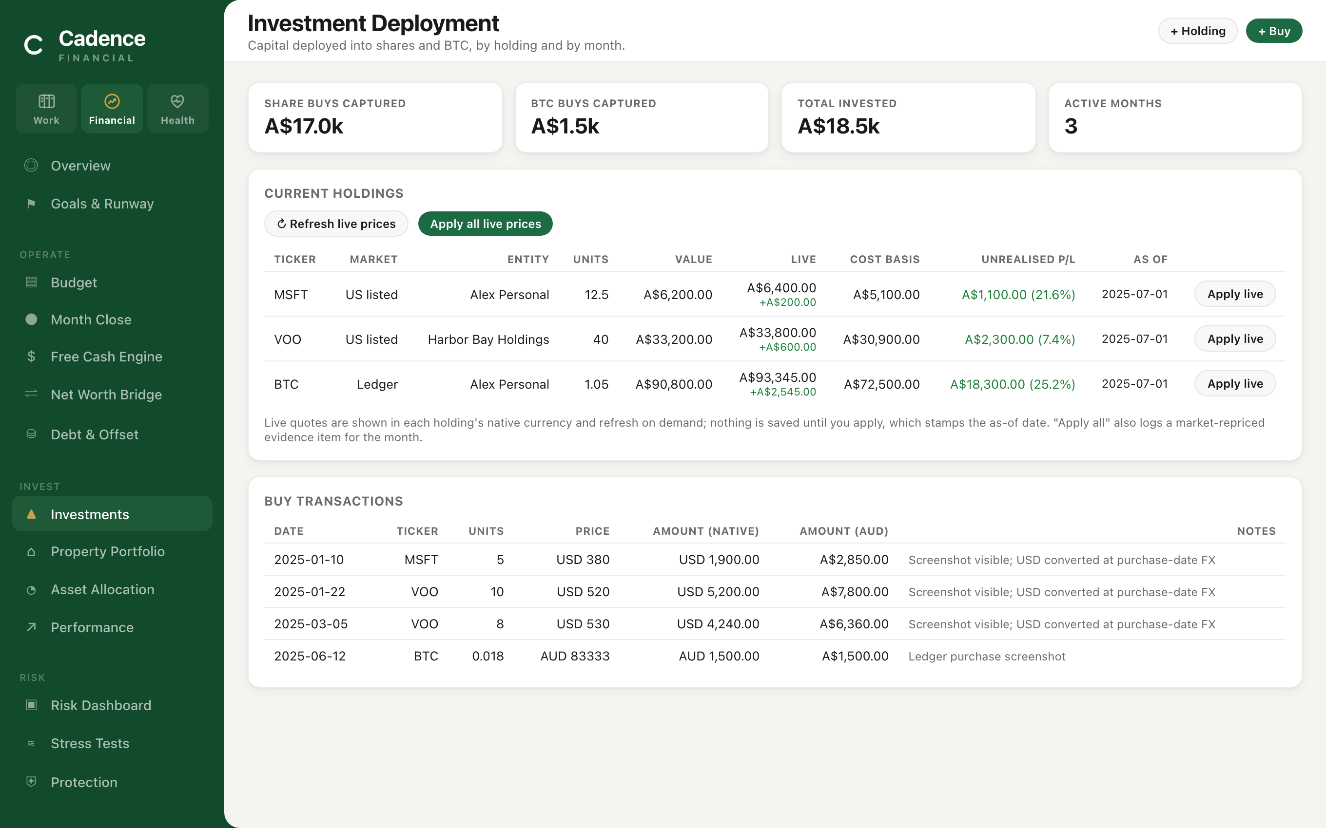 Cadence Wealth Investments — live market prices with refresh and apply-all, unrealised P&L per holding