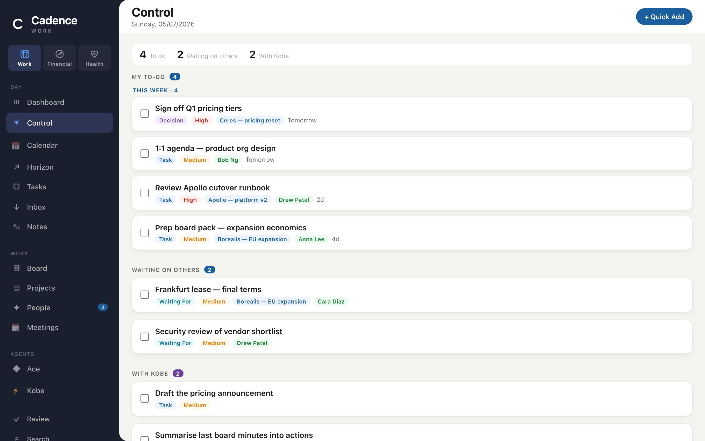 Cadence Work Control screen — decisions, waiting on others, and tasks delegated to Kobe